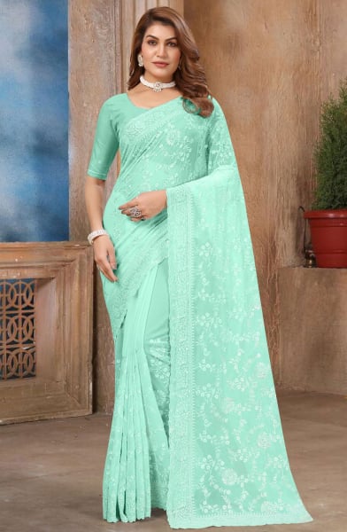 Sky Blue Georgette Sequins Embroidered Saree