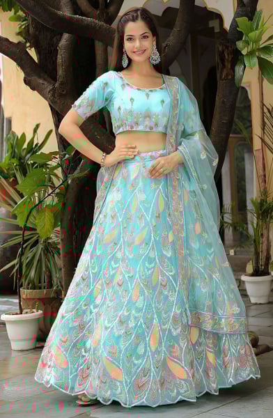 Sky Blue Heavy Designer Lehenga Choli Set for Ceremonial