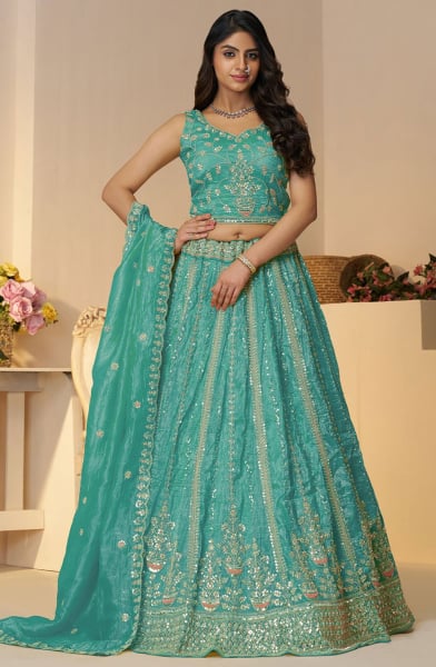 Sky Blue Heavy Embroidered Lehenga Choli for Wedding