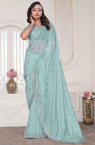 Sky Blue Heavy Resham Embroidered Designer Saree for Ceremonial