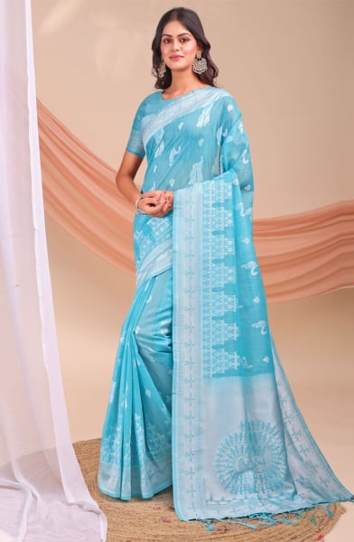 Sky Blue Linen Cotton Party Wear Saree