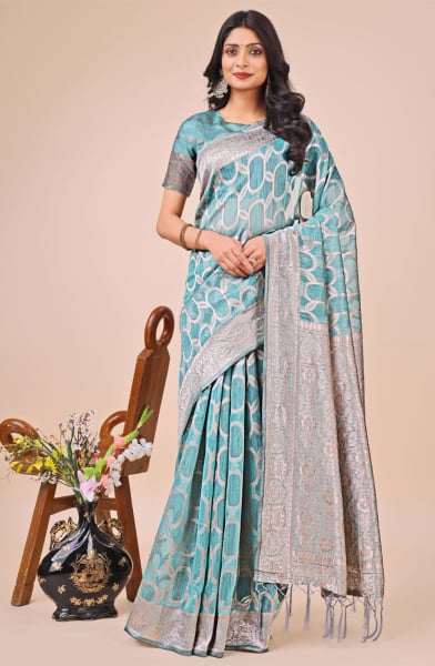 Sky Blue Linen Cotton Printed Saree