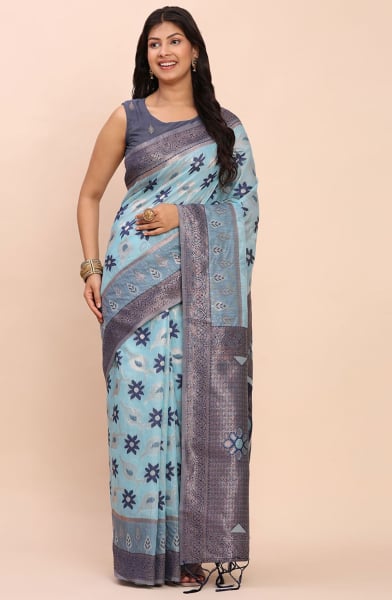 Sky Blue Linen Cotton Saree