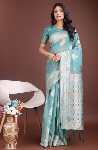 Sky Blue Linen Cotton Saree