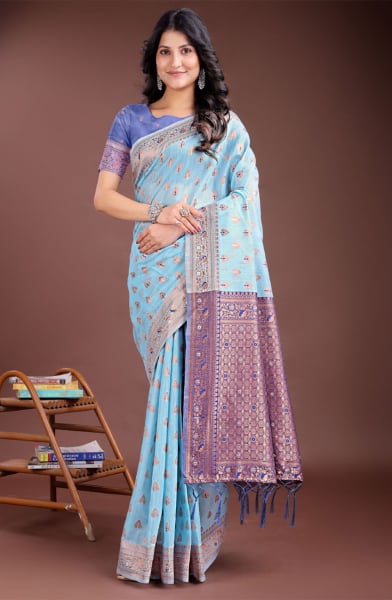 Sky Blue Linen Cotton Woven Saree