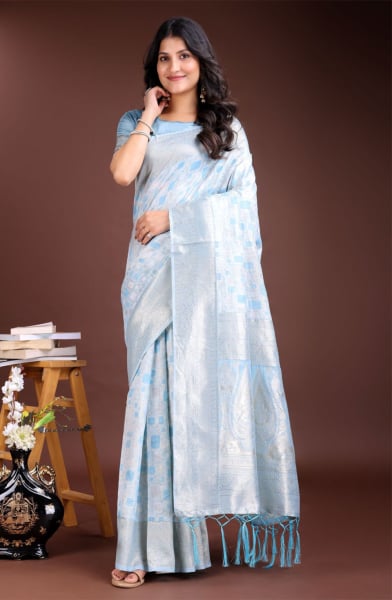 Sky Blue Linen Cotton Woven Saree