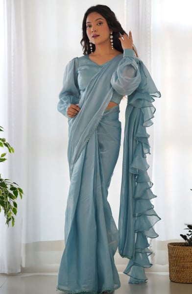 Sky Blue Organza Party Wear Saree