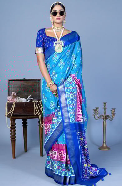 Sky Blue Patola Print Viscose Silk Saree