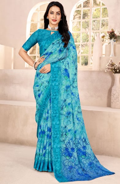 Sky Blue Printed Chiffon Saree with Satin Border