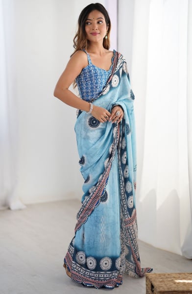 Sky Blue Printed Chinnon Casual Saree