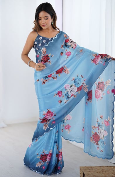 Sky Blue Printed Chinnon Casual Saree