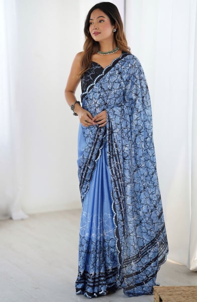 Sky Blue Printed Chinnon Casual Wear Saree