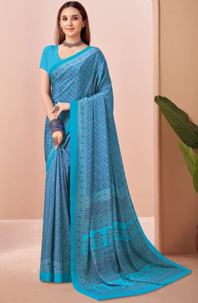 Sky Blue Printed Crepe Casual Saree