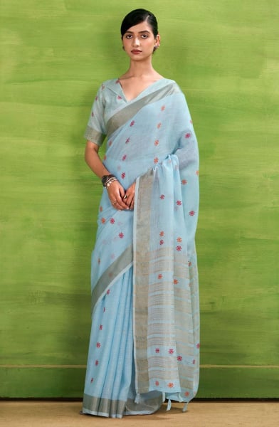 Sky Blue Printed Linen Silk Saree