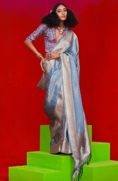 Sky Blue Pure Viscose Zari Tissue Silk Saree