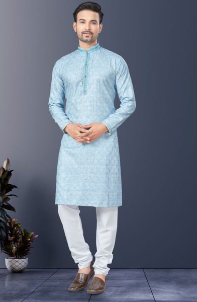 Sky Blue Rayon Lucknowi Men Kurta Set