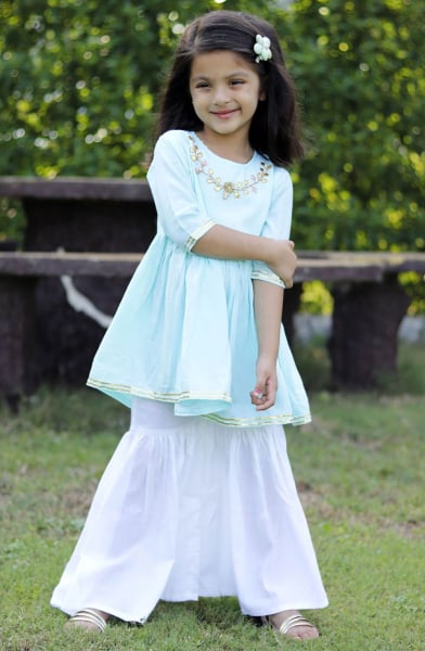 Sky Blue Readymade Sarara Kameez Suit for Girls