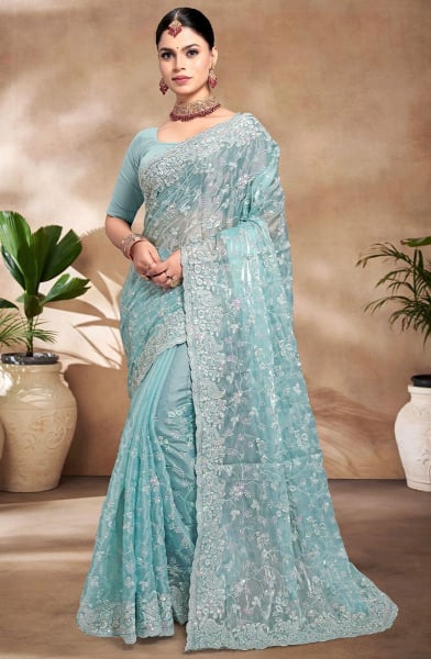 Sky Blue Resham and Sequins Embroidered Party Wear Saree