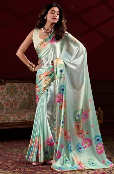 Sky Blue Satin Silk Digital Printed Saree