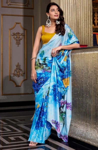 Sky Blue Satin Silk Printed Saree