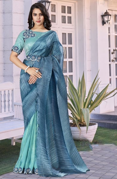 Sky Blue Satin Silk Ready to Wear Saree