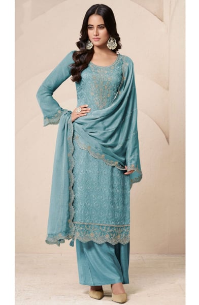 Sky Blue Schiffli Work Organza Palazzo Kameez