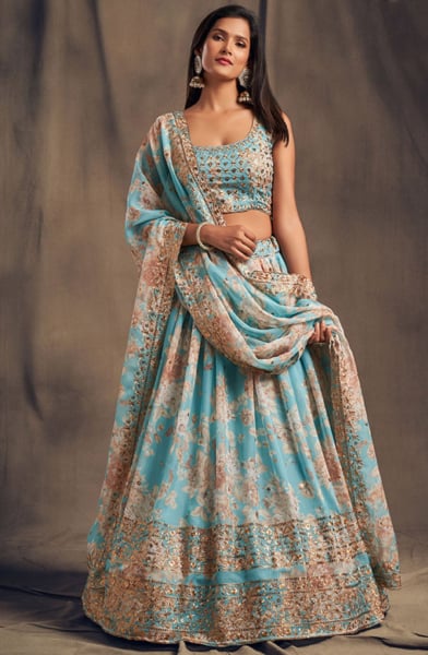 Sky Blue Sequined Organza Lehenga Choli for Wedding