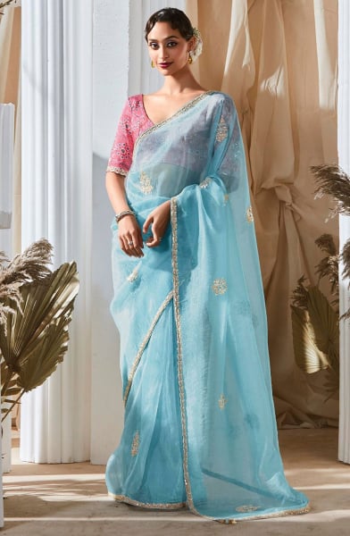 Sky Blue Sequins Embroidered Tissue Organza Saree