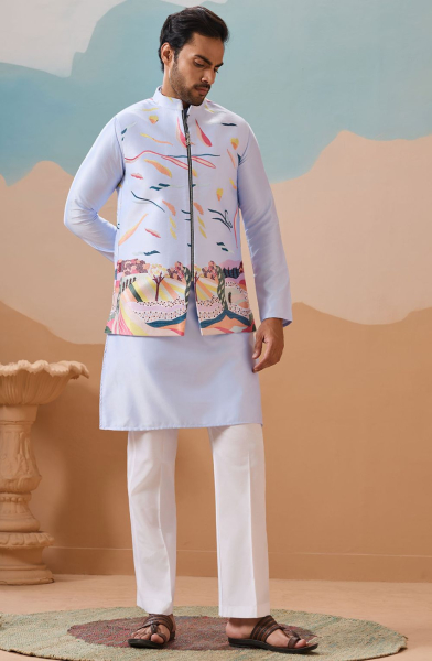 Sky Blue Silk Multi Thread Embroidered Kurta Set with Jacket