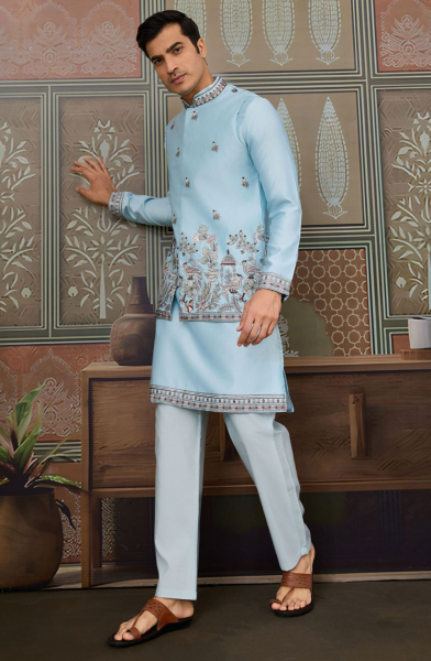 Sky Blue Silk Sequins Embroidered Kurta Set with Jacket