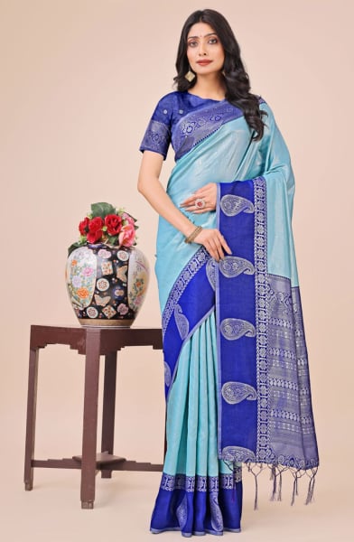 Sky Blue Silk Woven Saree