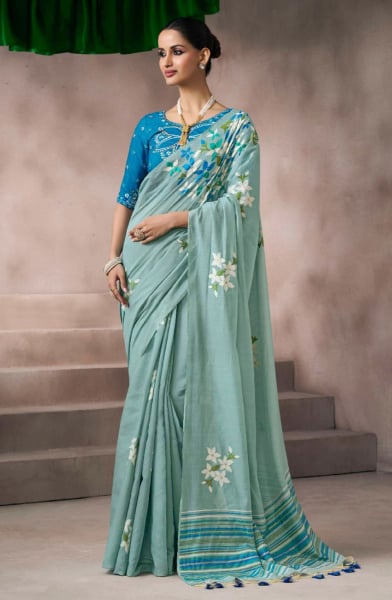 Sky Blue Viscose Cottom Zari and Resham Embroidered Saree for Festival