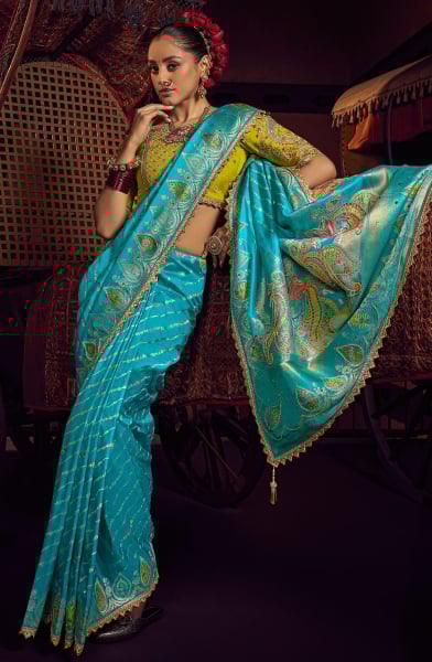 Sky Blue Viscose Dola Saree with Embroidered Blouse