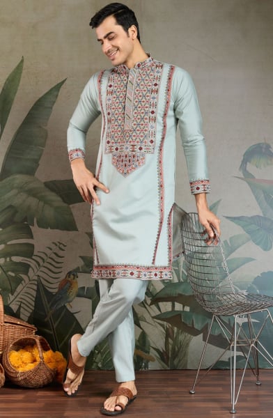Sky Blue Viscose Silk Embroidered Kurta for Festival