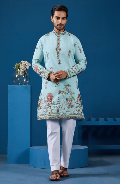 Sky Blue Viscose Silk Sequins Embroidered Kurta