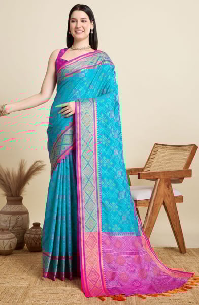 Sky Blue Woven Patola Silk Saree