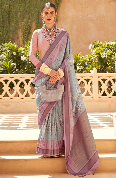 Sky Grey Bengal Design Raw Silk Saree