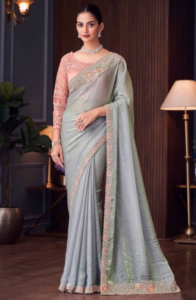 Sky Grey Embroidered Designer Saree for Ceremonial
