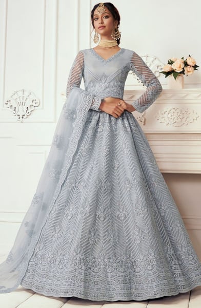 Sky Grey Embroidered Net Bridal Lehenga Choli for Wedding