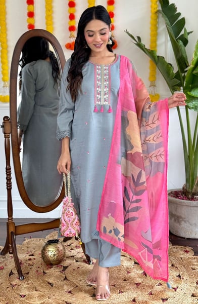 Sky Grey Embroidered Viscose Chanderi Readymade Suit