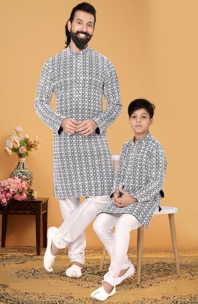 Black Georgette Father Son Kurta Set Combo