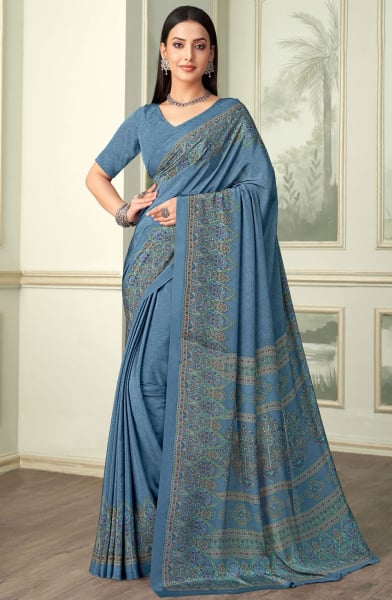 Slate Blue Digital Print Silk Crepe Saree