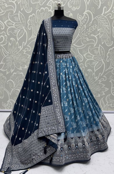 Slate Blue Embellished Georgette Satin Lehenga Choli