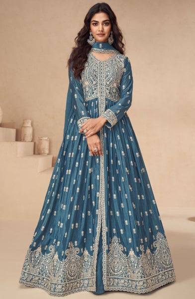 Slate Blue Embroidered Chinnon Lehenga Kameez