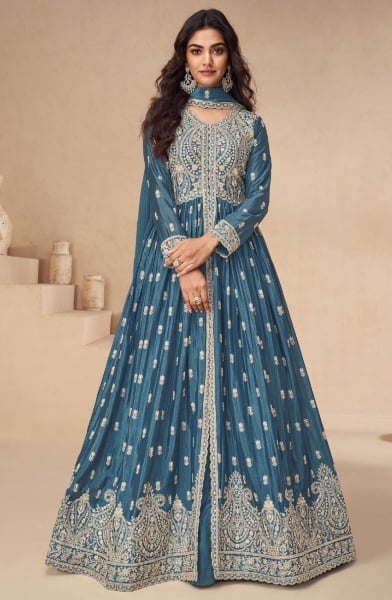 Slate Blue Embroidered Chinnon Silk Designer Lehenga Kameez for Ceremonial