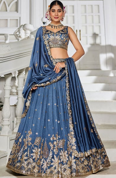 Slate Blue Embroidered Faux Georgette Designer Lehenga Choli