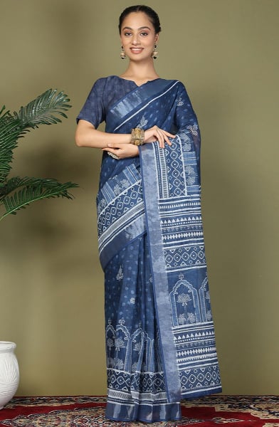 Slate Blue Printed Cotton Ready to Wear Saree