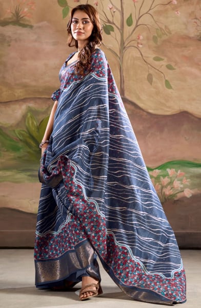 Slate Blue Printed Dola Silk Saree