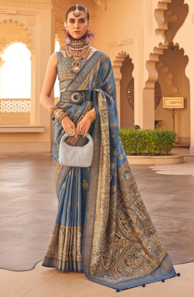 Slate Blue Silk Saree for Festival
