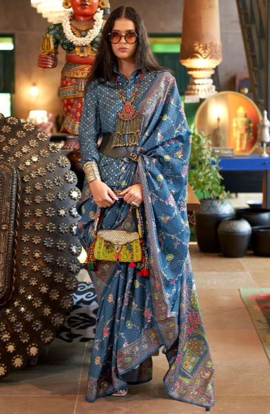 Slate Blue Viscose Silk Saree for Festival